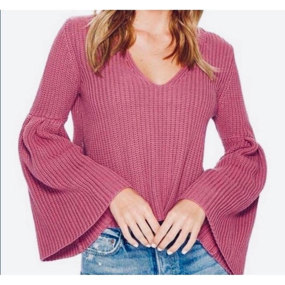 Free People Sweaters - Free People XS Rose Pink Damsel Bell Sleeve V-Neck Cotton Sweater Boho Chic Knit